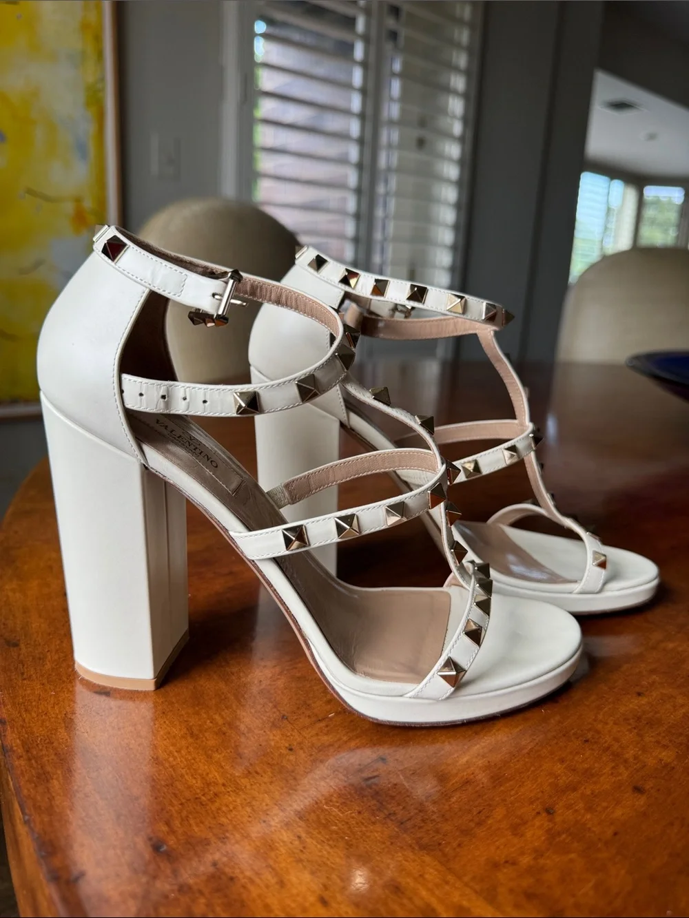Valentino Garavani White Leather Rockstud T-Strap Block Heel Sandals